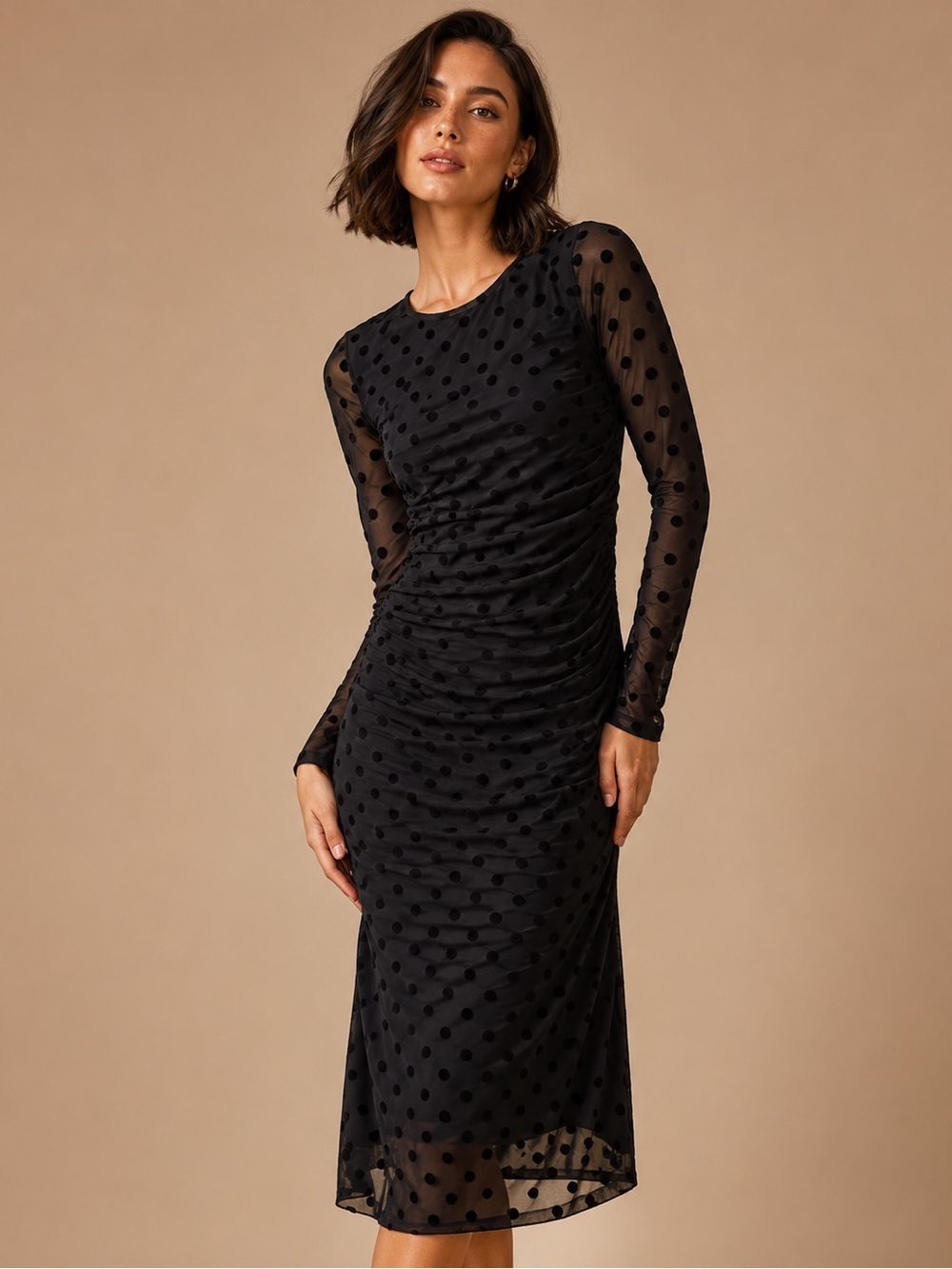 EVEREVE Black Swiss Dot Mesh Ruched Midi Dress Sheer Sleeve Size Large